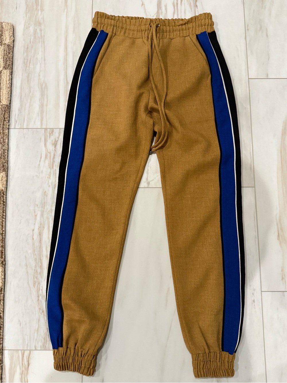 Brand new designer Drawstring Jogger Pants in Mustard with Blue Side Stripes